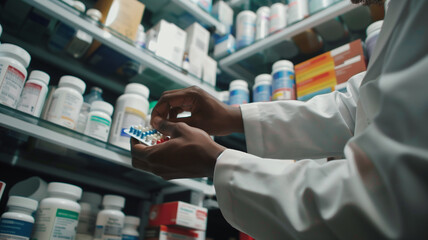 Close up shot of a pharmacist's hands carefully counting pills against the backdrop of neatly organized shelves filled with medication bottles. Ai generated