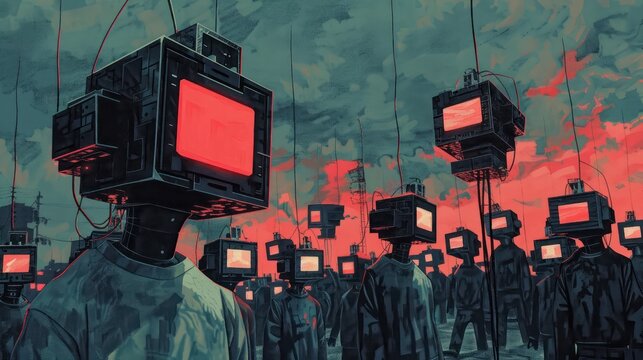 A painting of a group of people with television sets for heads standing in a field.