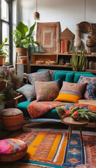 Cozy Living Room with Vibrant Pillows and Rugs