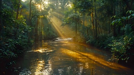Enchanting Rainforest Journey Winding River Reflecting Dappled Sunlight through the Lush Amazon...