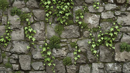 A seamless texture of a stone wall with ivy growing on it. The stones are gray and the ivy is green. - Powered by Adobe