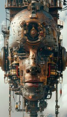 A steampunk robot head with a female face