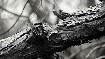 A black and white close-up of a tree trunk with cracked bark. The tree trunk is in focus, with the...