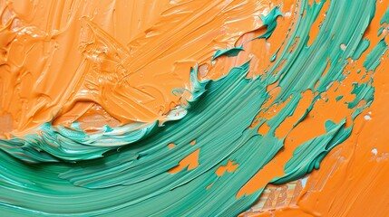 Abstract painting with vibrant orange and green oil paint. The thick, swirling brushstrokes create...