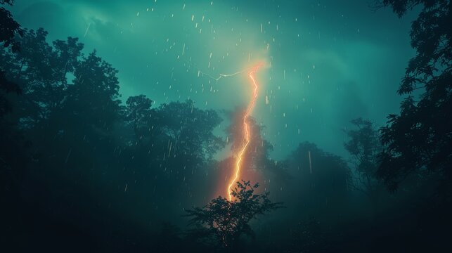 Nature Power: A photo capturing a bolt of lightning striking a tree in a forest