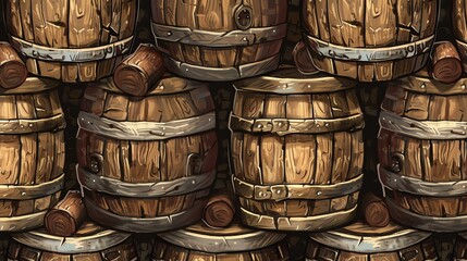 A seamless texture of stacked wooden barrels. The barrels are made of dark wood and have metal bands around them.