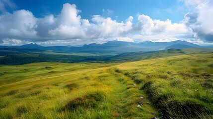 Obraz premium Panoramic Expanse of Serene Scottish Highlands Adorned with Lush Meadows and Distant Mountains under Diffused Morning Light