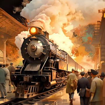 Historical train station, steam engine arrival, bustling platform, period attire, eyelevel view