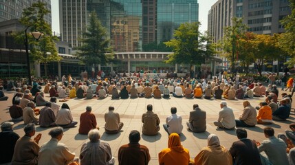 Communal Prayer Circle Amidst Cityscape on National Day of Reflection