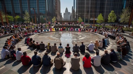 Diverse Crowd Unites for Communal Prayer in City Square - National Day of Prayer