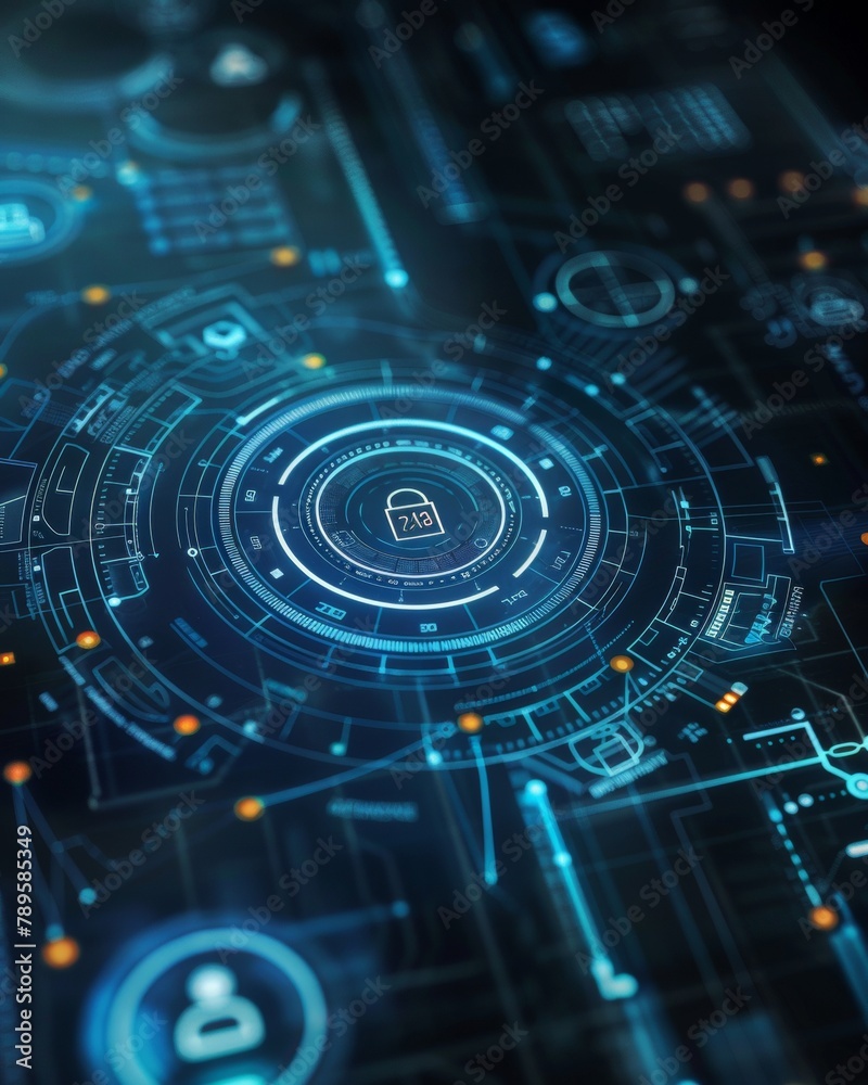 Poster Advanced Digital Security System Interface on National Technology Day: High-Tech Cyber Protection Close-up