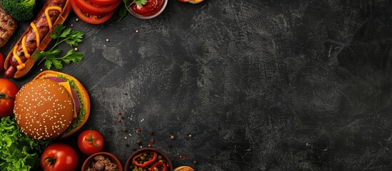 Top view of a dark slate banner background featuring a border of summer BBQ food, including a buffet of hot dogs and hamburgers. Ample space for additional content. - obrazy, fototapety, plakaty