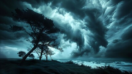 Thunderstorm: A silhouette photo of trees swaying in the wind against a backdrop of dark storm clouds