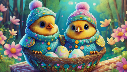 Fototapeta premium oil painting style cartoon character baby Chicken and eggs in a wicker basket and cardboard box, top view