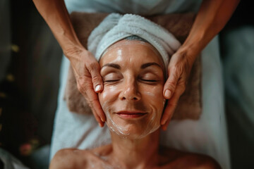 Fototapeta na wymiar Serene Woman Enjoying a Facial Treatment at a Luxury Spa During The Evening