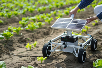 Farmer hands on small robot connected to solar panel in field with lettuce plants. New agriculture technologies. Space for copy - obrazy, fototapety, plakaty