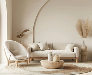 3D rendering of a beige living room interior with a sofa and armchair in the style of scandinavian