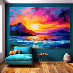 Title: Title: Title: sunset in the mountains vibrant abstract hand paper a wall sky sunset mountain nature sea water blue sofa

 - obrazy, fototapety, plakaty