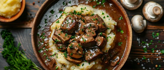Savory Salisbury Steak & Mash in Rustic Setting. Concept Homemade Cuisine, Comfort Food, Rustic Decor, Savory Dishes, Traditional Cooking
