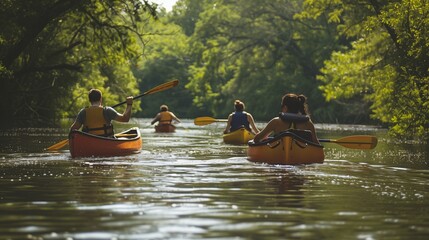 People canoeing in serene natural surroundings, paddling through scenic waterways amidst lush forests and tranquil mountains, immersed in the peaceful ambiance.