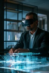 Businessman in VR headset analyzing complex holographic city blueprints in a contemporary office setting. A man in a suit wearing VR glasses