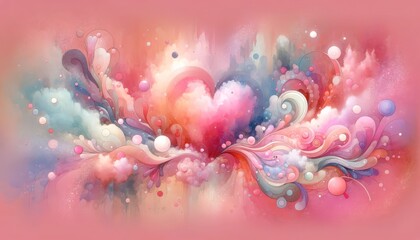 A whimsical heart shape formed by colorful swirls, bubbles, and abstract elements floats against a soft pink background. The dreamy design evokes feelings of love, joy, and celebration