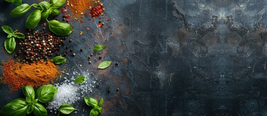 Spices and herbs displayed on a wooden board, including pepper, salt, paprika, basil, and turmeric, set against a black wooden chalkboard in a top-down view with available blank space. - obrazy, fototapety, plakaty