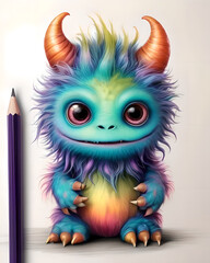Illustration of a little blue monster and a pencil next to it.