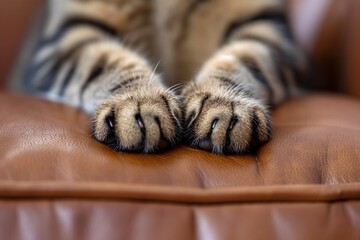 Tabby cat paws on backrest closeup, cat paw closeup, cat paw-like tiger, pet paw closeup, cat leg closeup, kitty leg closeup