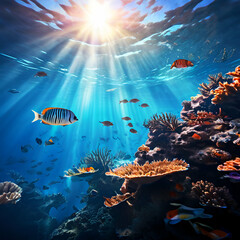 underwater scene with fishes underwater view of coral reef colorful fish water marine sea aquarium color - obrazy, fototapety, plakaty