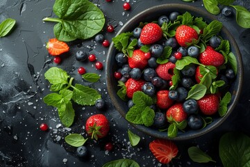 Dark bowl of mixed berries and vibrant leaves - obrazy, fototapety, plakaty