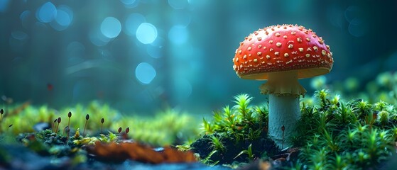 Enigmatic Amanita in a Mossy Realm, Serene Focus #NatureArt. Concept Nature Photography, Enigmatic Fungi, Mossy Forest, Serene Focus, Enigmatic Amanita
