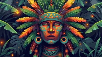 Vibrant Aztec-Inspired Emblem with Enchanting Flora. Concept Nature-Inspired Patterns, Bold Aztec Iconography, Vibrant Florals, Enchanting Color Scheme, Symbolic Emblem