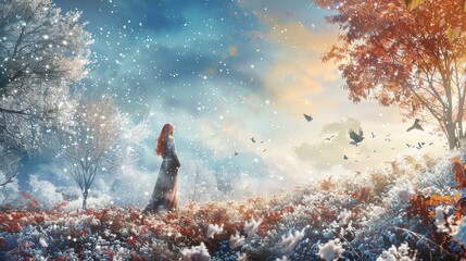 A winter wonderland with a beautiful woman in a red dress standing in a snowy forest. - Powered by Adobe