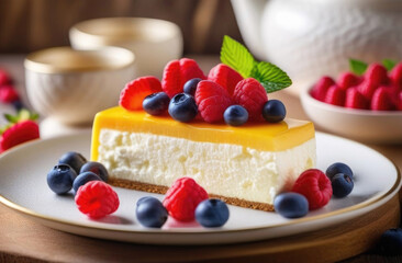 Cottage cheese cake served with fresh raspberries and blueberry in white plate for teatime or...