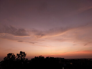 Beautiful sunset scenery view of colorful sky background, nature photography, silhouette of trees, dawn wallpaper