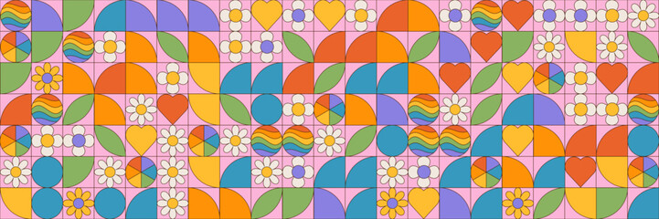 Pride Month groovy background. LGBT June parade. Seamless geometric pattern with simple geometric shapes and hippie flowers. Template for background, banner, card, poster. Vector EPS10 illustration