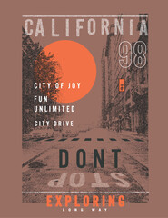 Vintage Grunge texture vector city print, California city vibes, slogan text for city of joy fun unlit, The City of California LA USA State slogan vintage doted with neon print ,photoshop brush effect