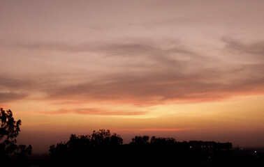 Beautiful sunset scenery view of colorful sky background, nature photography, silhouette of trees, dawn wallpaper