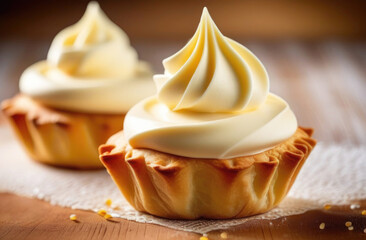 Vanilla lemon cupcakes with white cream just baked