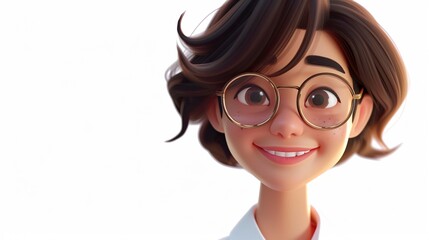 3D rendering of a young woman with short brown hair and brown eyes. She is wearing glasses and has a friendly smile on her face.