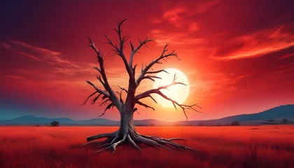 Foto auf Glas landscape with alone dead tree on red sunset sky baground © Zulfi_Art