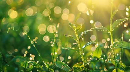 Close-up of fresh green grass with dew drops in the morning sun.