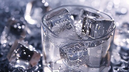 Refreshing image of a glass of cold water with ice cubes. The glass is sitting on a table with ice cubes scattered around it.