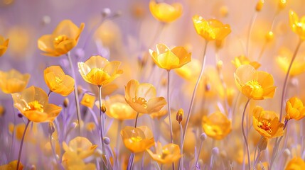 Yellow buttercup flowers in a field with a blurred background. The flowers are in focus and have a bright, cheerful appearance.
