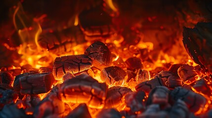 Glowing orange and yellow hot coals with red flames. Perfect for a cozy home fireplace or a summer bonfire.