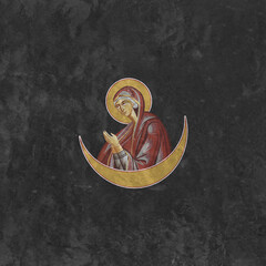 Christian traditional image of Blessed Virgin Mary. Religious illustration on black stone wall background in Byzantine style
