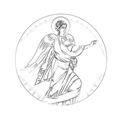 Archangel Gabriel. Religious coloring page in Byzantine style on white background