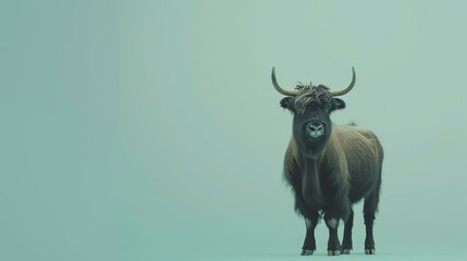 A beautiful yak standing in front of a blue background. The yak is looking at the camera with a calm expression.