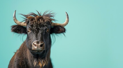 Close-up portrait of a yak looking at the camera with a serious expression on its face.